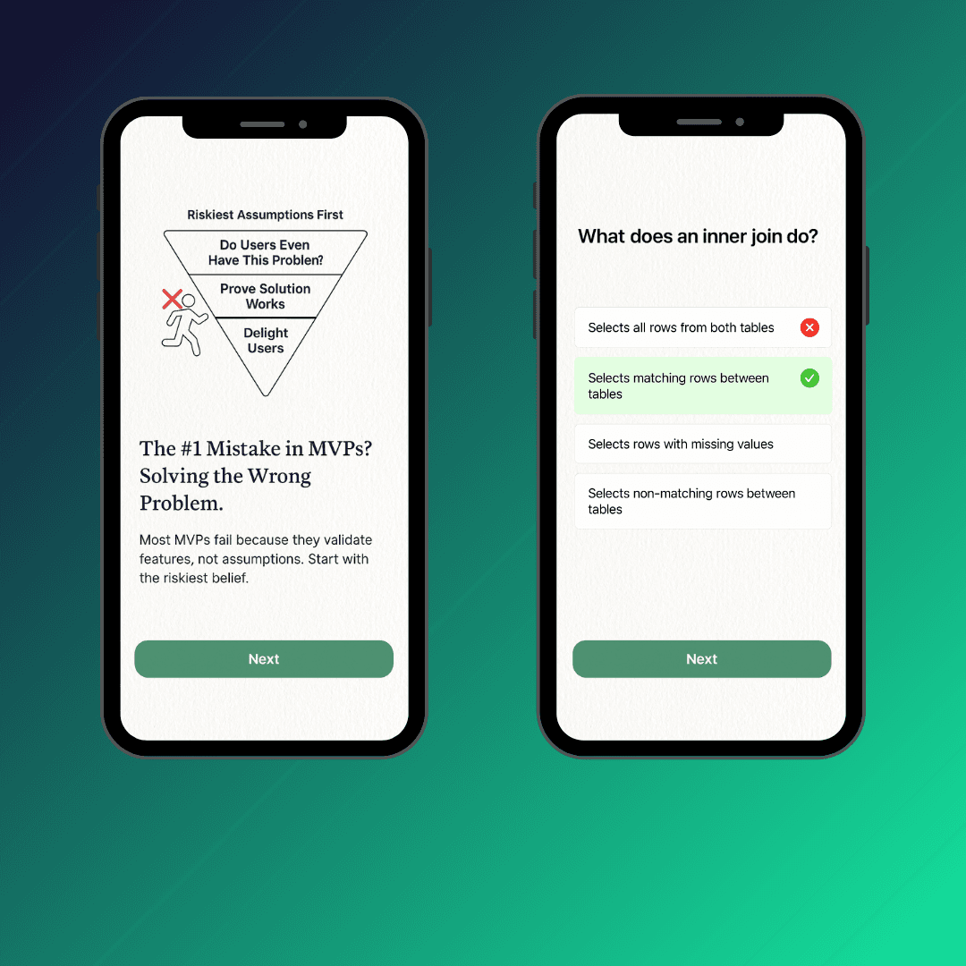 Mobile screens showing course content